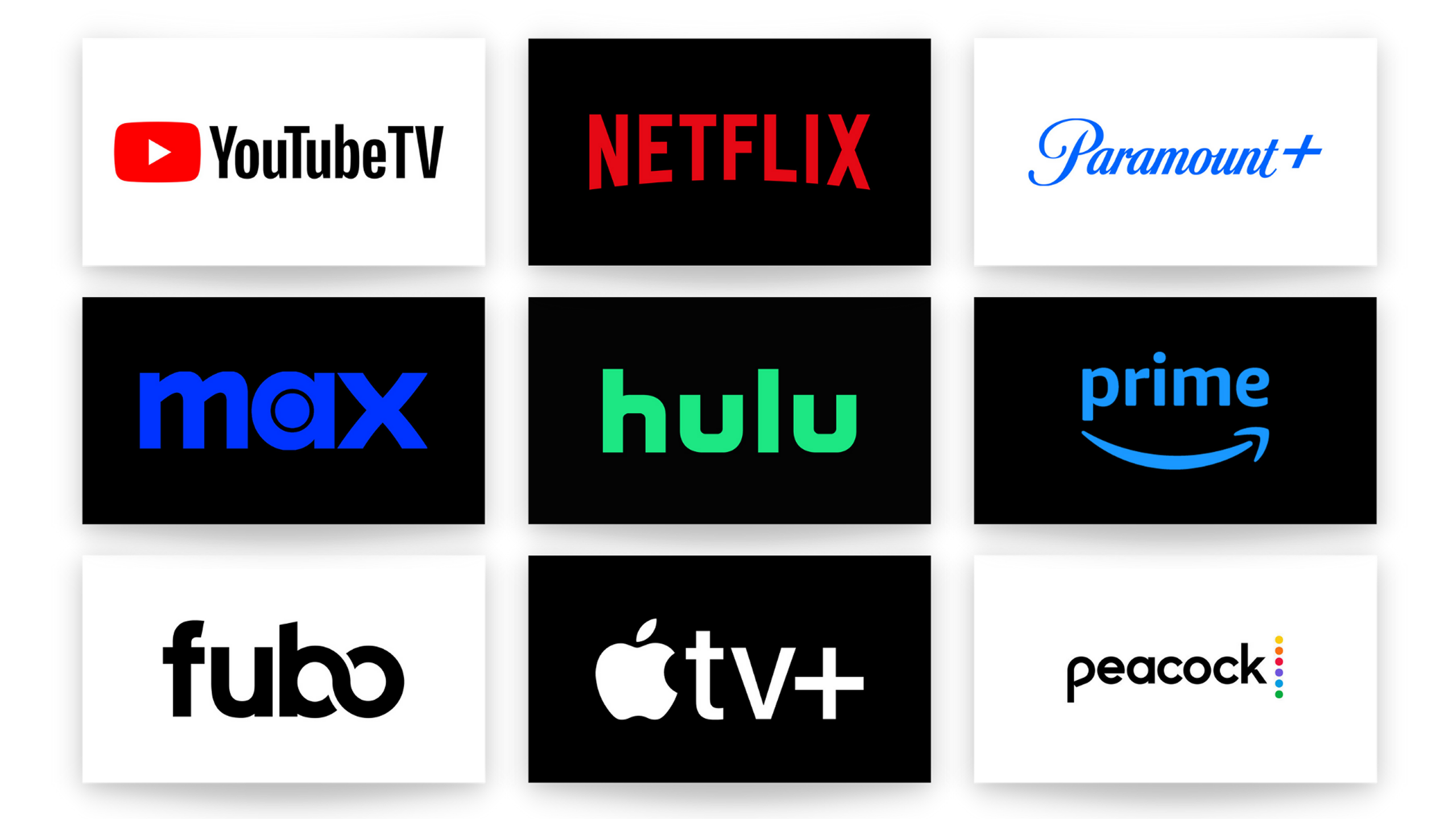 Streaming platforms — YouTube TV, Netflix, Paramount+, Max, Hulu, Prime, Fubo, Apple TV+, Peacock
